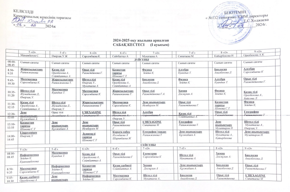 2024-2025 оқу жылына арналған сабақ кестесі 1 ауысым
