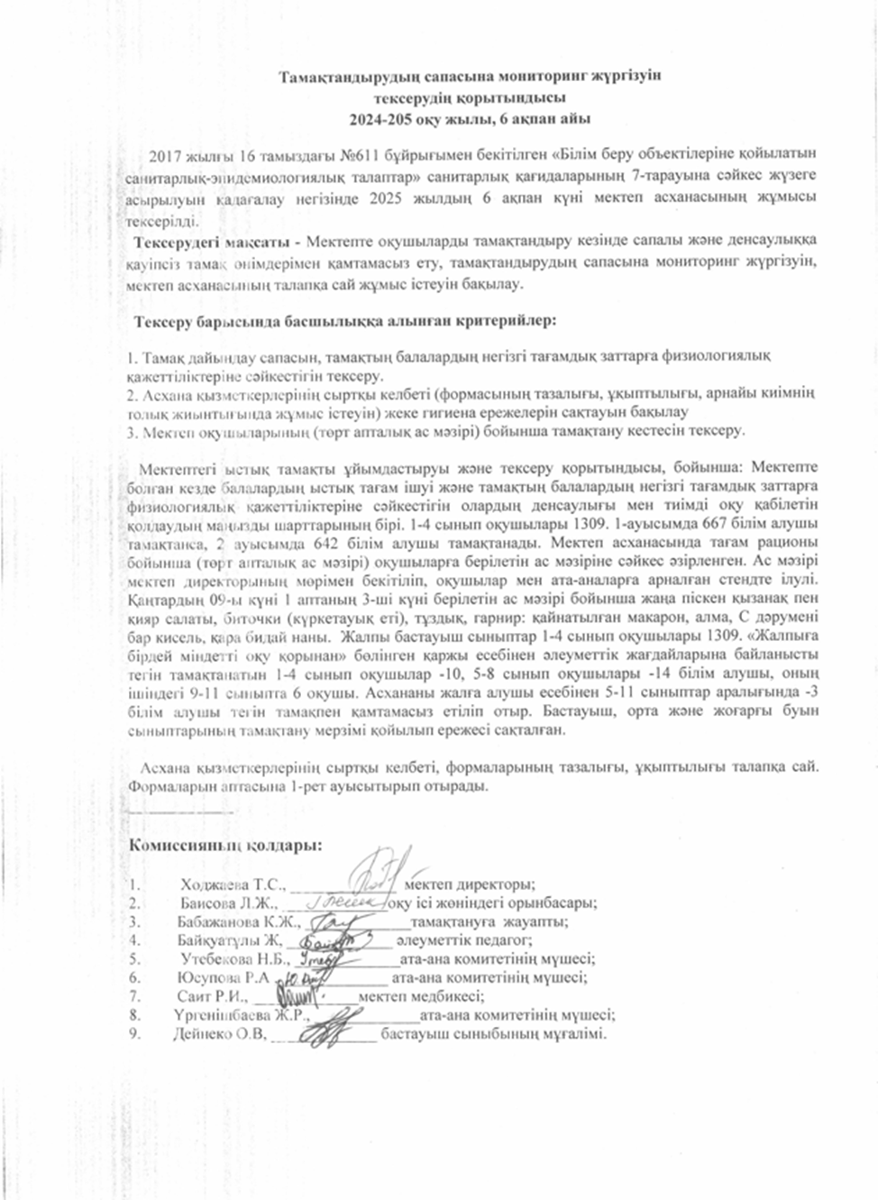 2025 оқу жылы ақпан айының Тамақтандыру сапасына мониторинг жүргізу тексерісінің қорытындысы