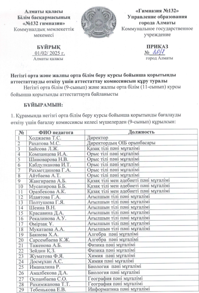 Негізгі орта және жалпы орта білім беру курсы бойынша қорытынды аттестаттауды өткізу үшін аттестаттау комиссиясын құру туралы бұйрық