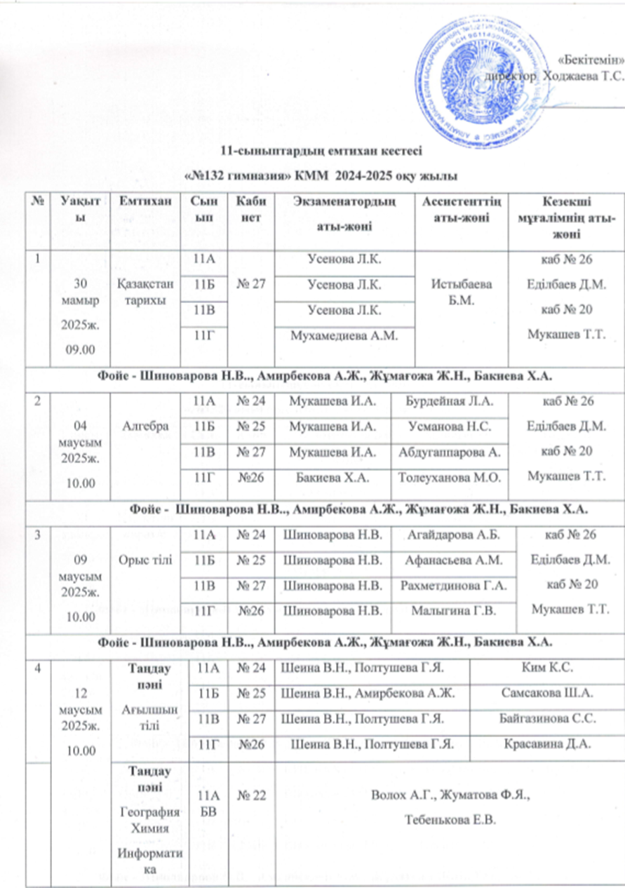 11- сыныптардың емтихан кестесі "№132 гимназия" КММ 2024-2025 оқу жылы