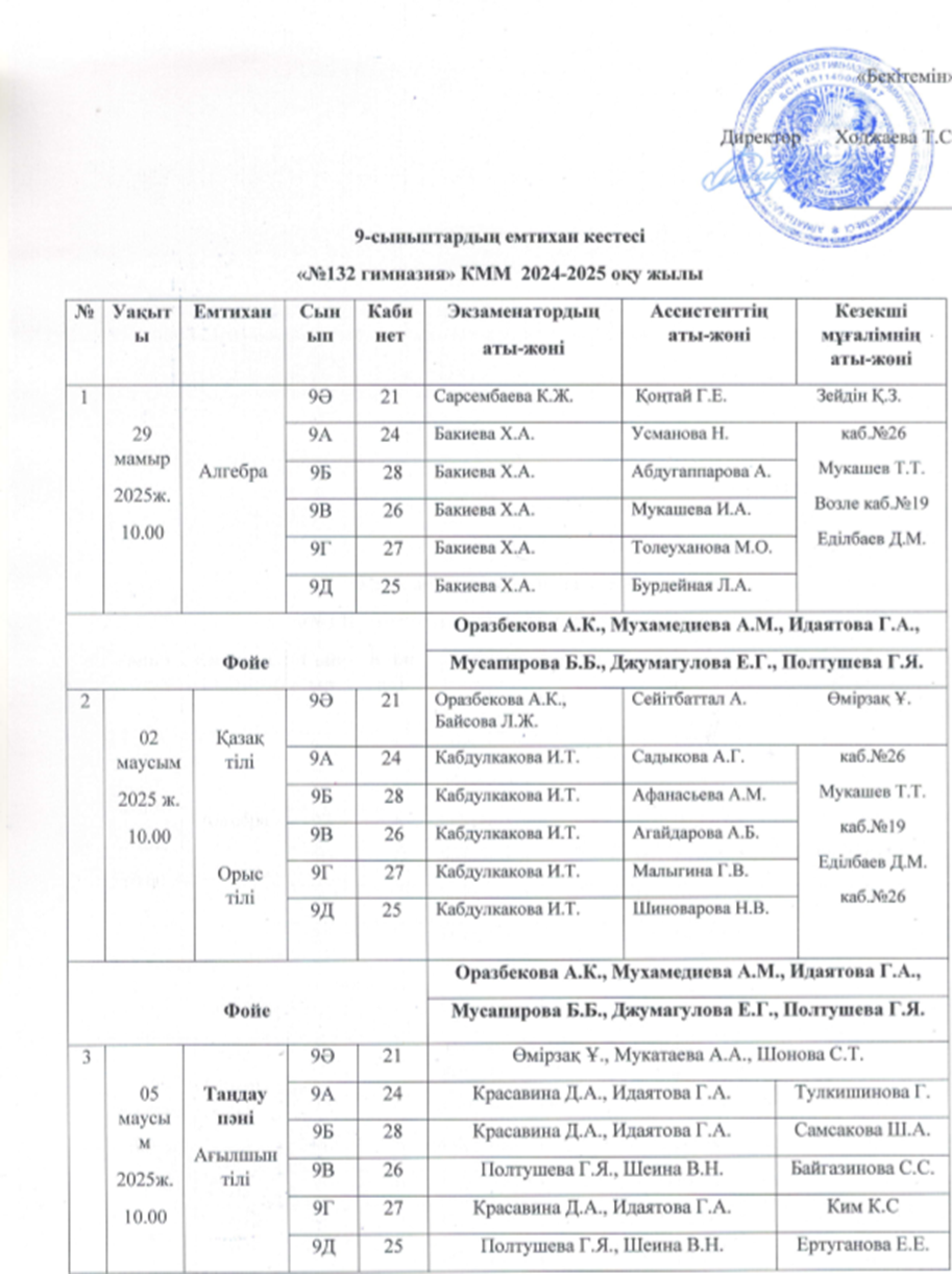 9- сыныптардың емтихан кестесі "№132 гимназия" КММ 2024-2025 оқу жылы