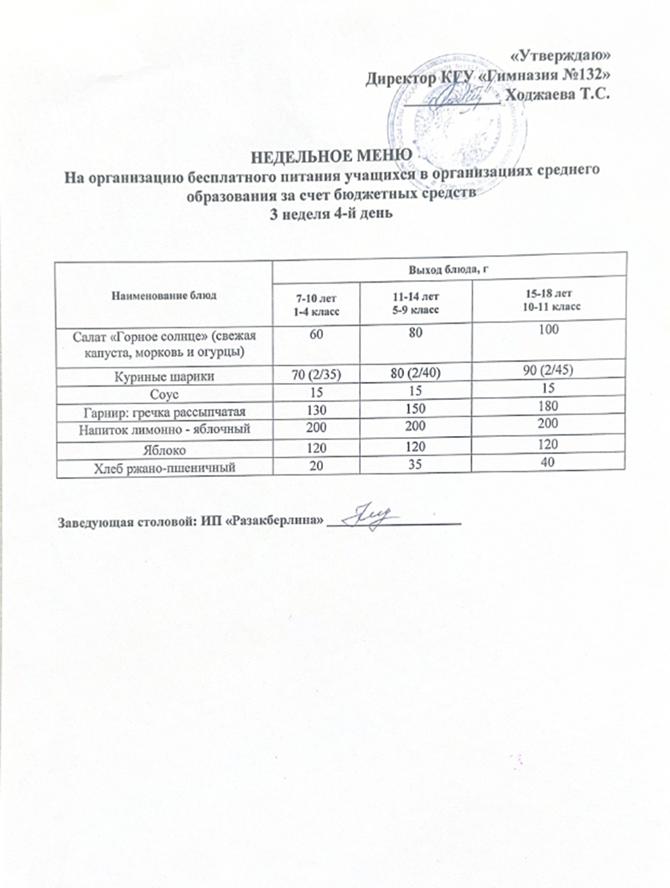 Ас мәзірі 3 апта 4 күн