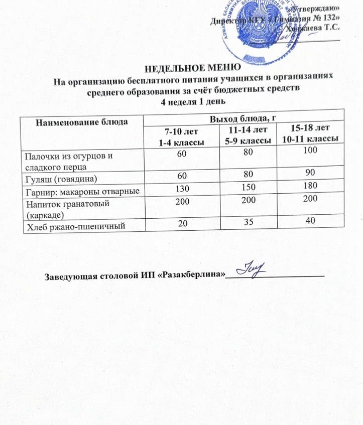 Ас мәзірі 4 апта 1 күн