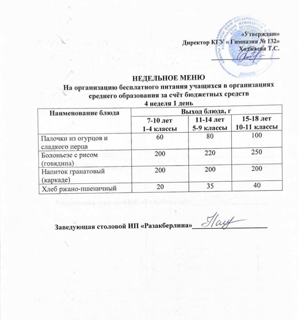 Ас мәзірі 4 апта 1 күн