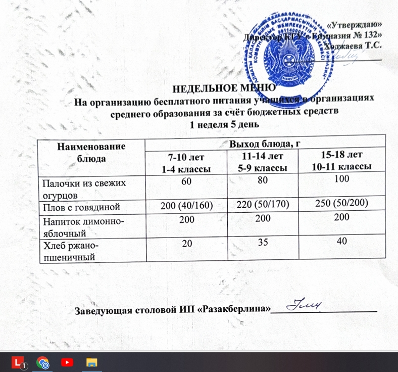 Ас мәзірі 1 апта 5 күн