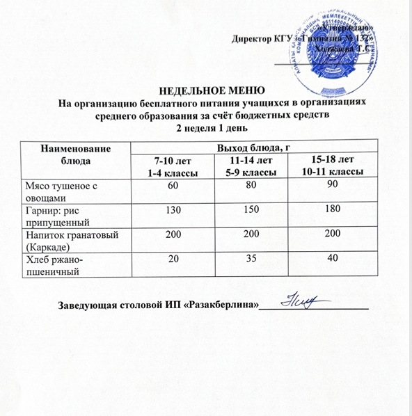 Ас мәзірі 2 апта 1 күн
