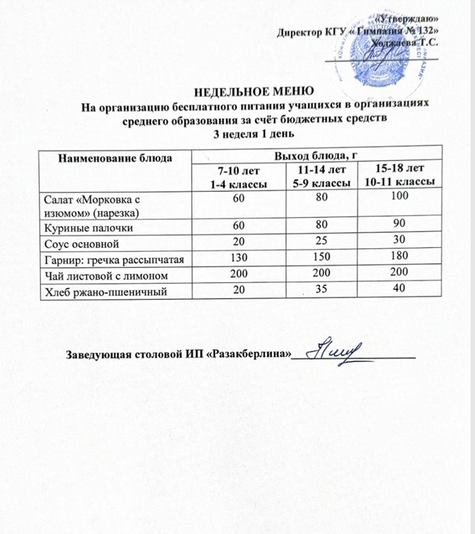 Ас мәзірі 3 апта 1 күн