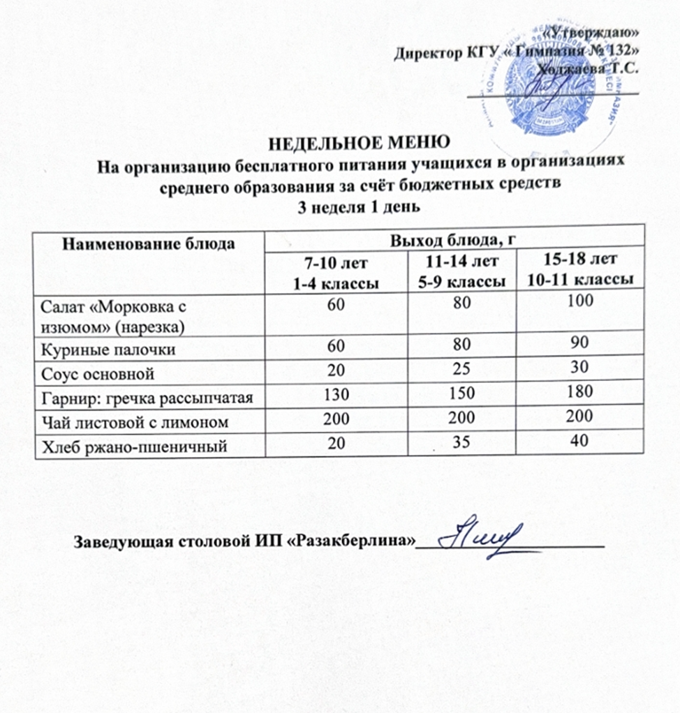 Ас мәзірі 3 апта 1 күн