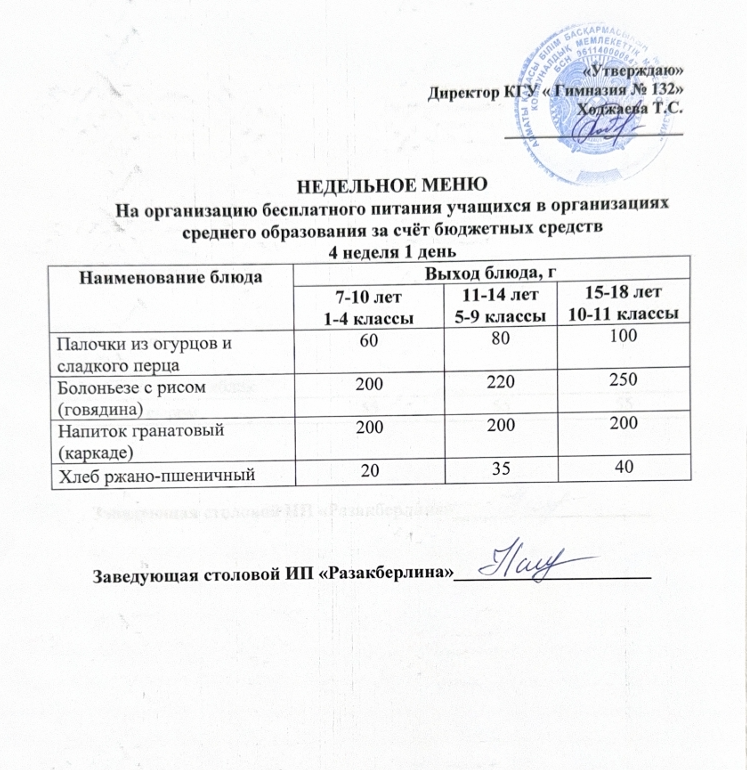 Ас мәзірі 4 апта 1 күн