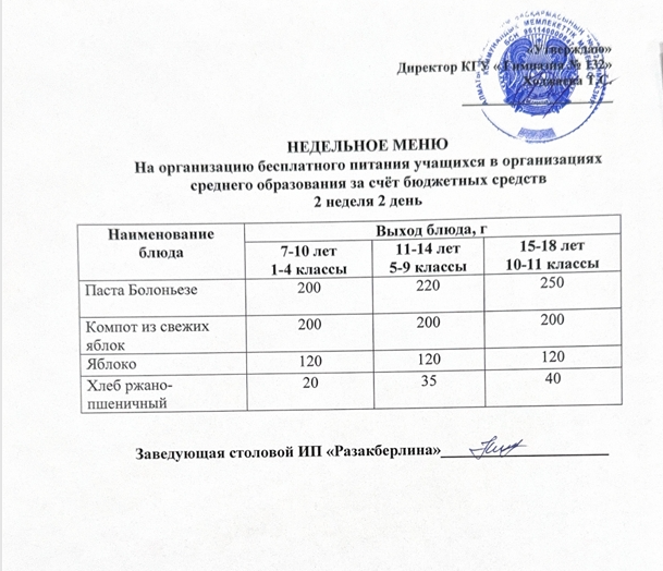Ас мәзірі 2 апта 2 күн