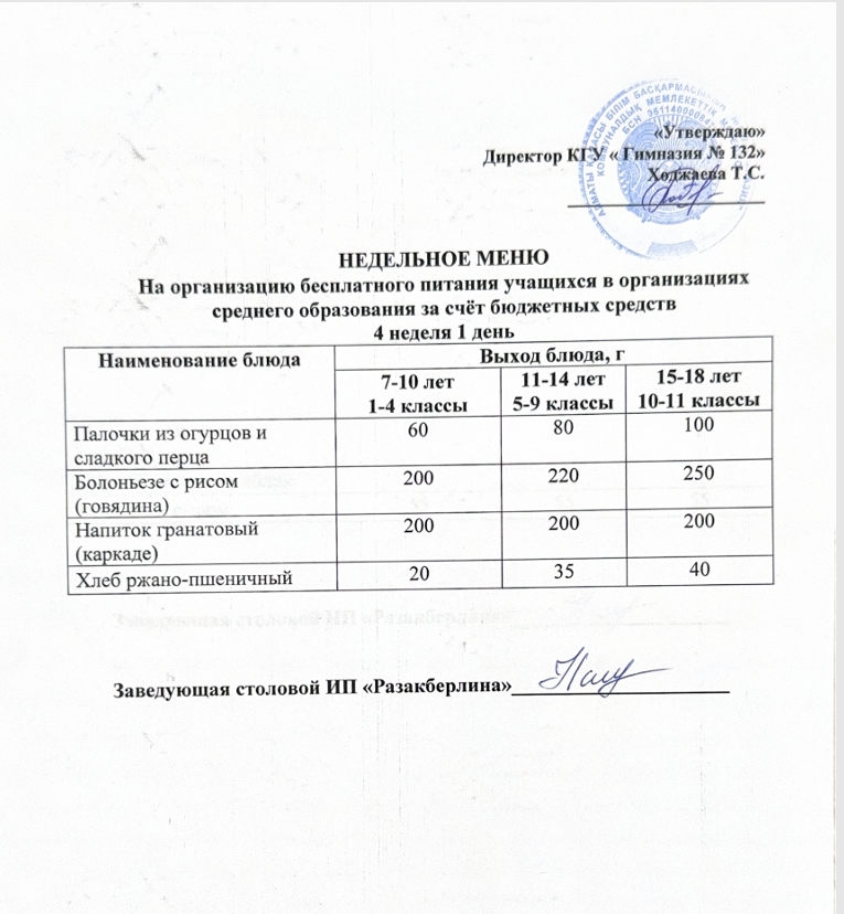 Ас мәзірі 4 апта 1 күн